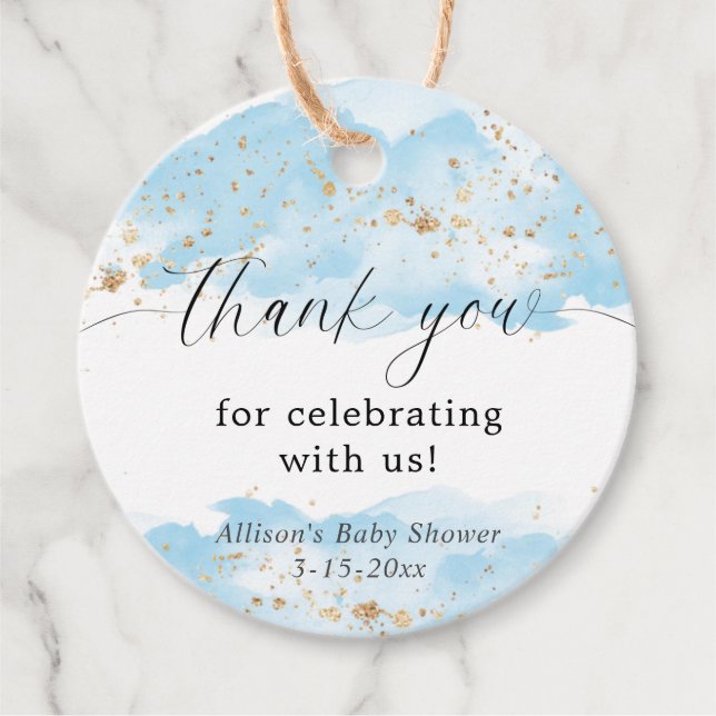 Watercolor blue gold white baby shower thank you favor tags (Front)