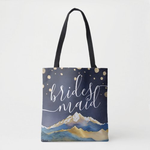 Watercolor Blue Golden Mountain Wedding Bridesmaid Tote Bag