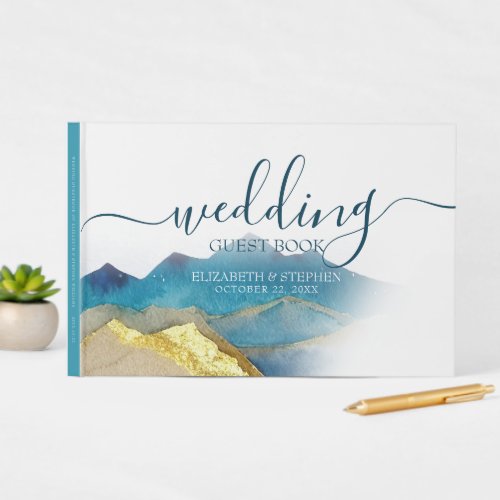 Watercolor Blue Golden Mountain Wedding Guest Book