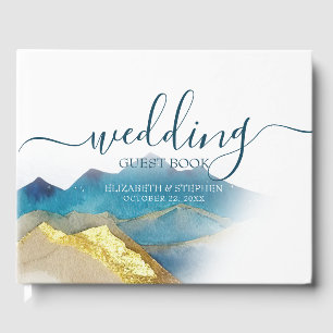 Watercolor Blue Golden Mountain Wedding Guest Book