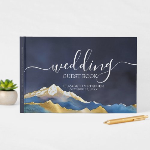 Watercolor Blue Golden Mountain Wedding Guest Book