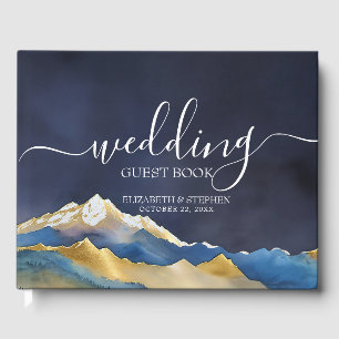 Watercolor Blue Golden Mountain Wedding Guest Book