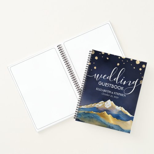 Watercolor Blue Golden Mountain Wedding Guestbook Notebook