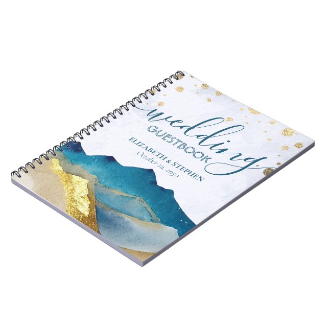 Watercolor Blue Golden Mountain Wedding Guestbook  Notebook (Left Side)