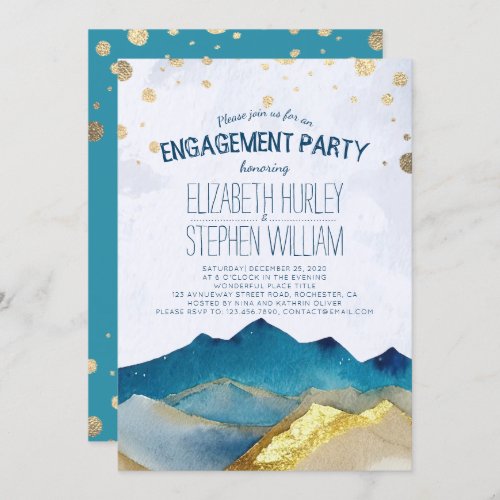 Watercolor Blue Golden Mountains Engagement Party Invitation