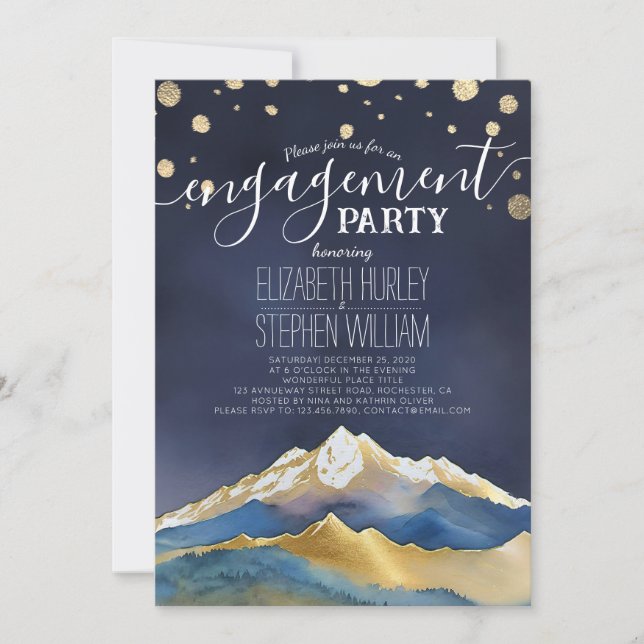 Watercolor Blue Golden Mountains Engagement Party  Invitation (Front)