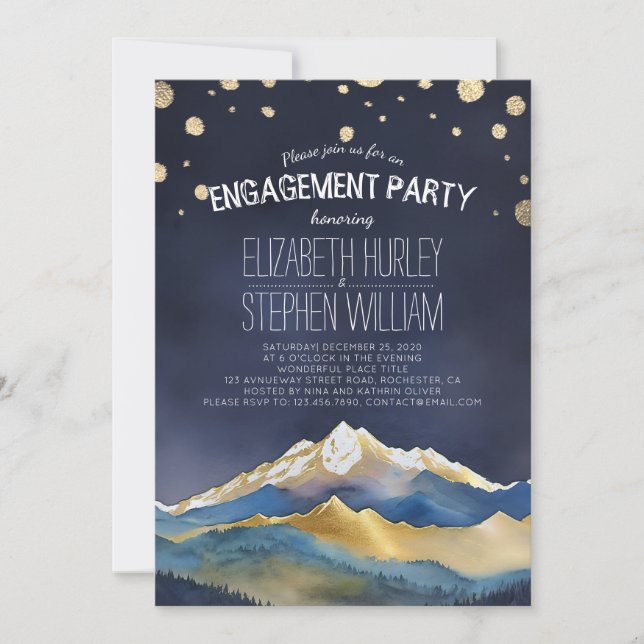 Watercolor Blue Golden Mountains Engagement Party Invitation (Front)