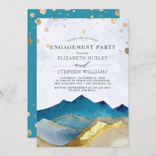 Watercolor Blue Golden Mountains Engagement Party  Invitation