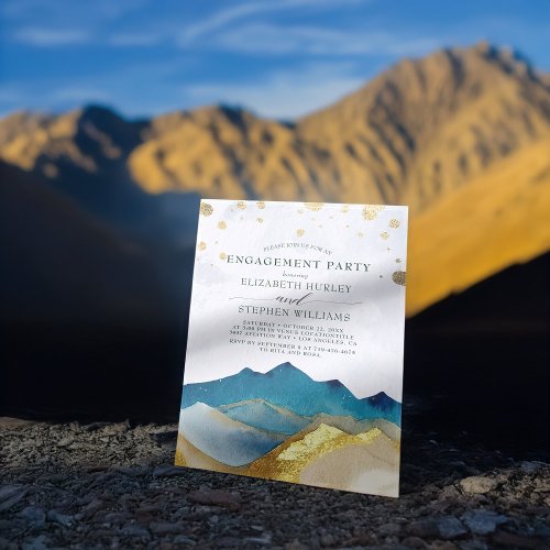 Watercolor Blue Golden Mountains Engagement Party  Invitation