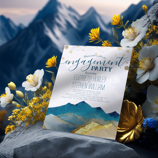 Watercolor Blue Golden Mountains Engagement Party  Invitation (Creator Uploaded)