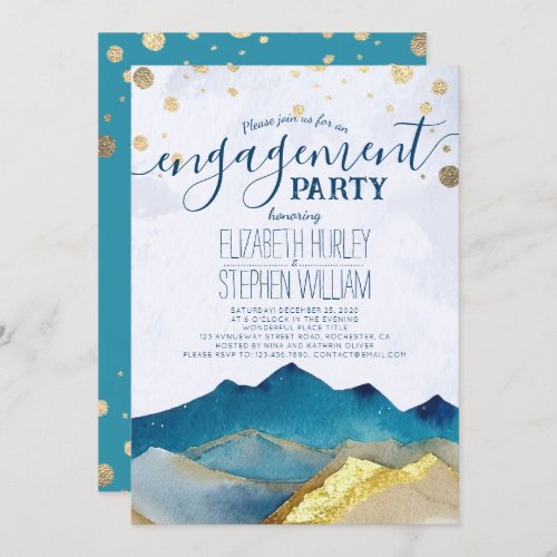 Watercolor Blue Golden Mountains Engagement Party  Invitation