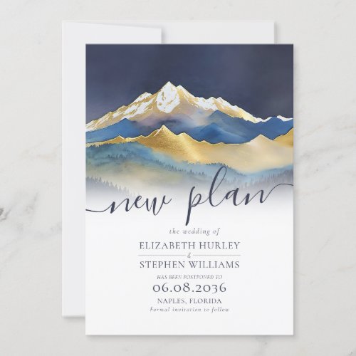 Watercolor Blue Golden Mountains Wedding Postponed Save The Date