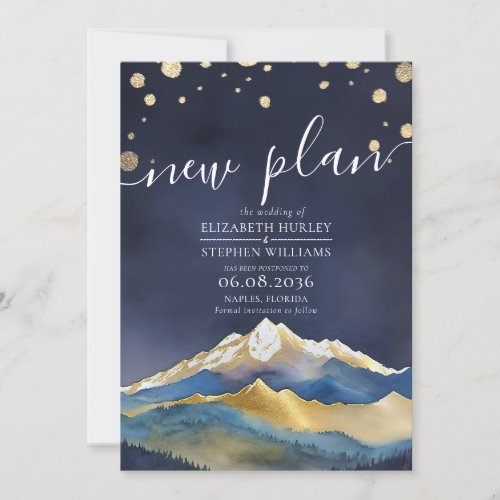 Watercolor Blue Golden Mountains Wedding Postponed Save The Date