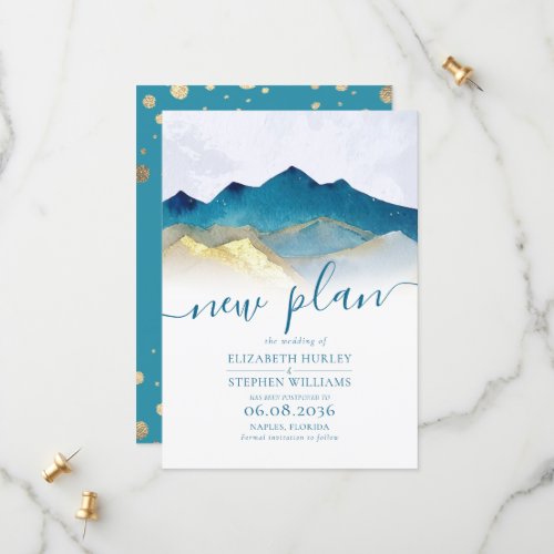 Watercolor Blue Golden Mountains Wedding Postponed Save The Date