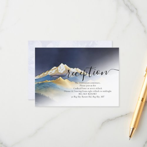 Watercolor Blue Golden Mountains Wedding Reception Enclosure Card