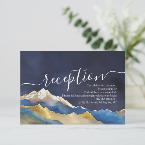 Watercolor Blue Golden Mountains Wedding Reception Enclosure Card