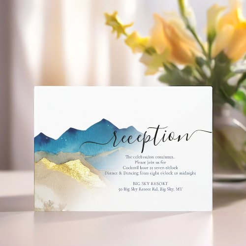 Watercolor Blue Golden Mountains Wedding Reception Enclosure Card