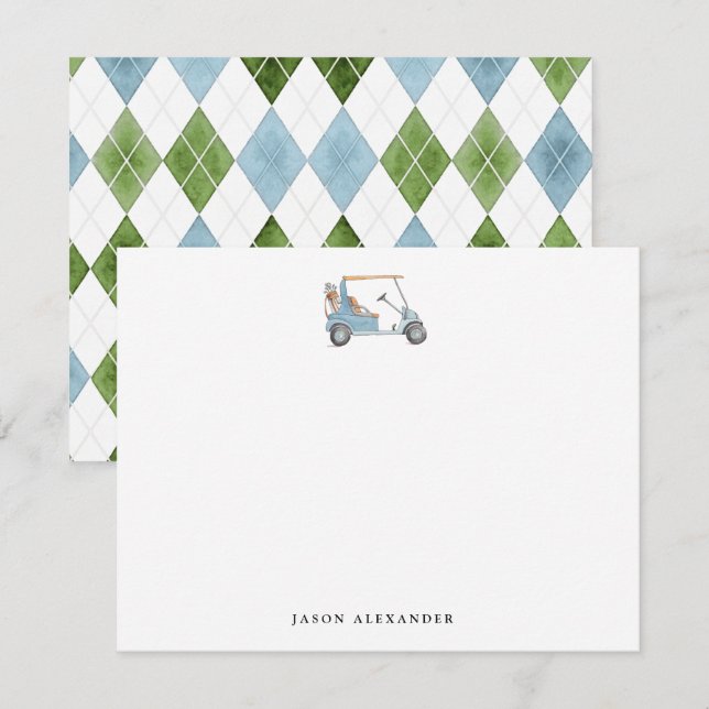 Watercolor Blue golf cart Golfer  Note Card (Front/Back)