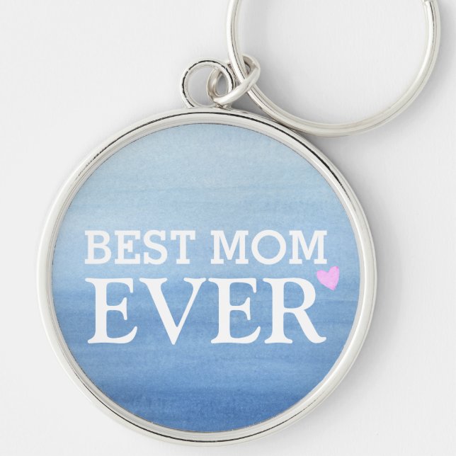 Watercolor Blue Gradient Pink Heart Best Mom Ever Keychain (Front)