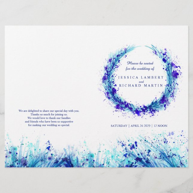 Watercolor blue grass art wreath wedding programme (Front)
