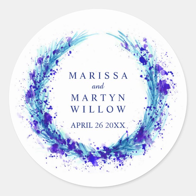 Watercolor blue grass wreath wedding name stickers (Front)