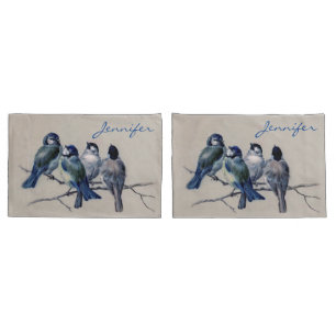 Watercolor Blue Gray Birds on a Branch Vintage Pillow Case