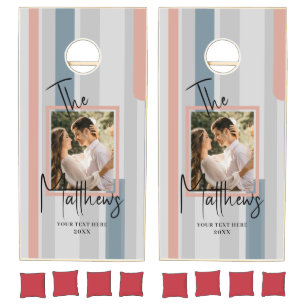 Watercolor Blue Gray pink Family Name Signature Cornhole Set