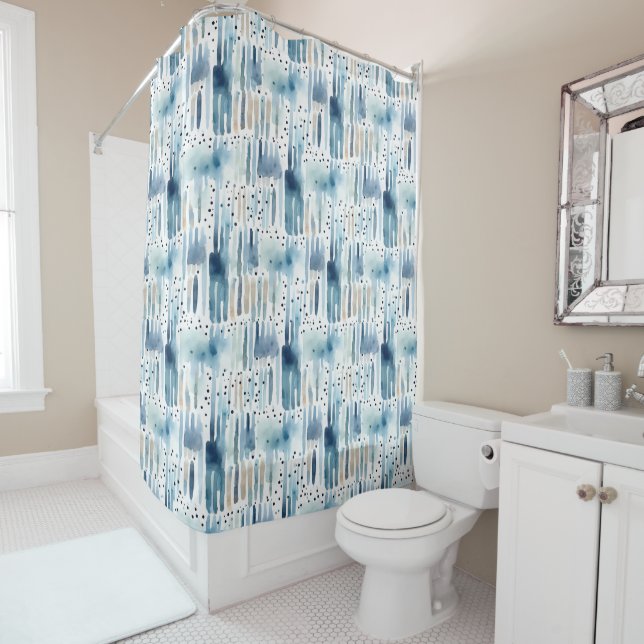 Watercolor Blue Green Abstract Pattern Shower Curtain (In Situ)