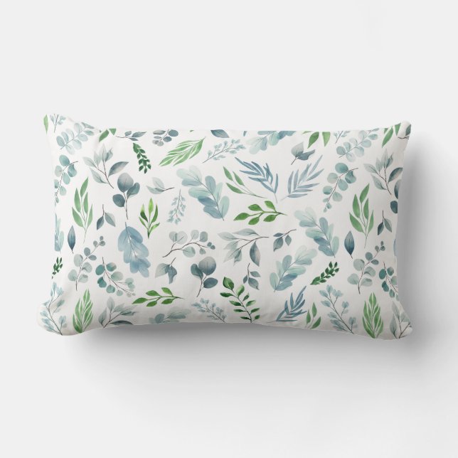 Watercolor Blue Green Botanical Eucalyptus Foliage Lumbar Pillow (Front)