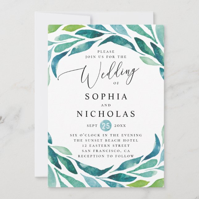 Watercolor blue green botanical foliage wedding invitation (Front)