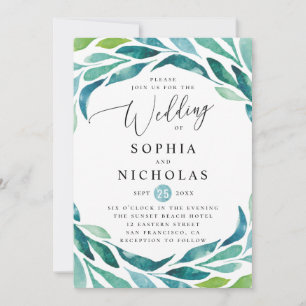 Watercolor blue green botanical foliage wedding invitation