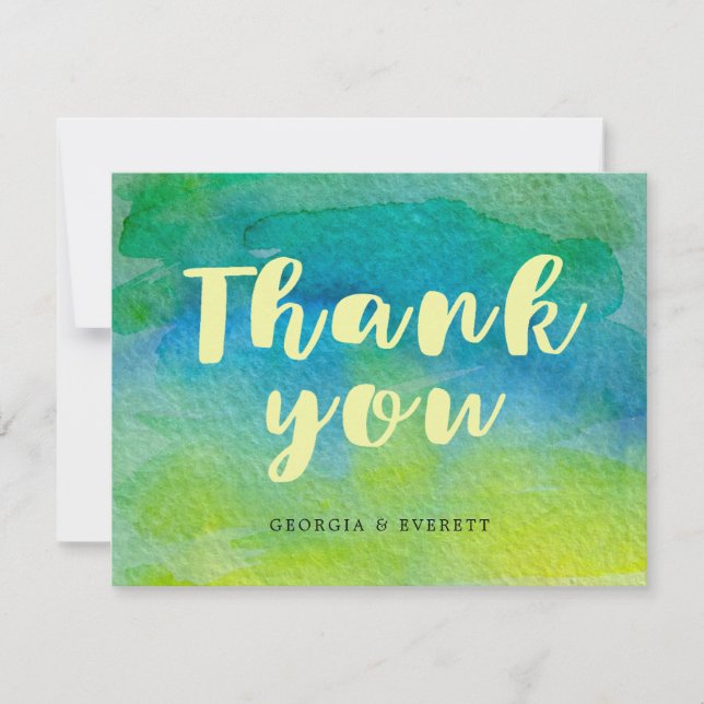 Watercolor Blue Green Calligraphy Thank You Card (Front)