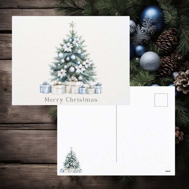 Watercolor Blue Green Christmas Tree Holiday Postcard (Creator Uploaded)
