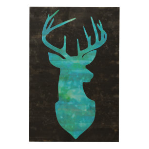 Watercolor Blue Green Deer on Black Background Wood Wall Decor