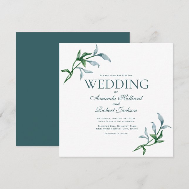 Watercolor Blue Green Floral Elegant Wedding Invitation (Front/Back)