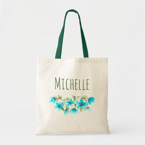 Watercolor Blue Green Floral Name Tote Bag