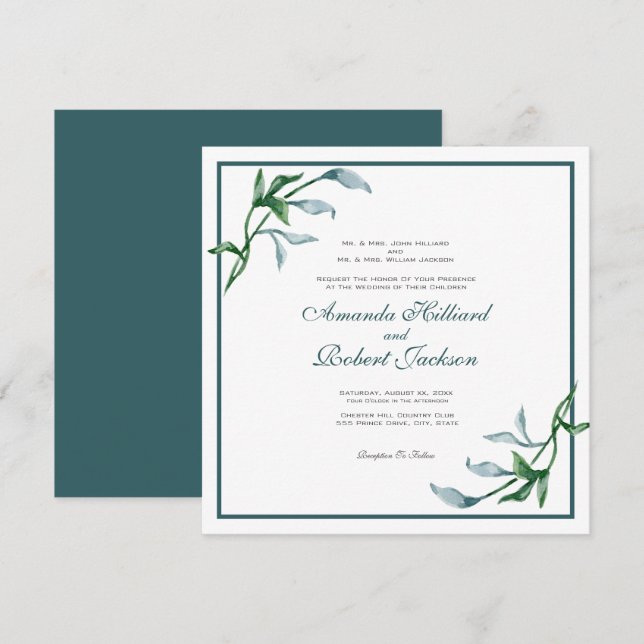 Watercolor Blue Green Floral Wedding Invitation (Front/Back)