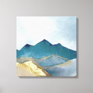 Watercolor Blue Green Gold Foil Mountain Landscape Canvas Print