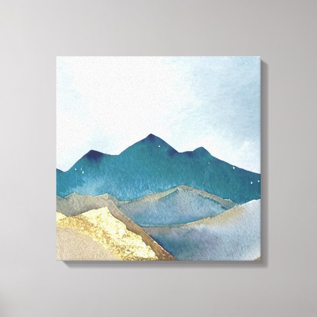 Watercolor Blue Green Gold Foil Mountain Landscape Canvas Print (Front)