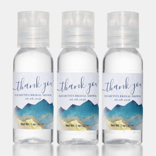 Watercolor Blue Green Gold Mountains Bridal Shower Hand Sanitizer (Set)