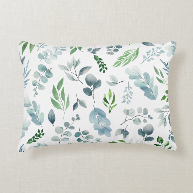Watercolor Blue Green Leaves Botanical Foliage Accent Pillow (Front)
