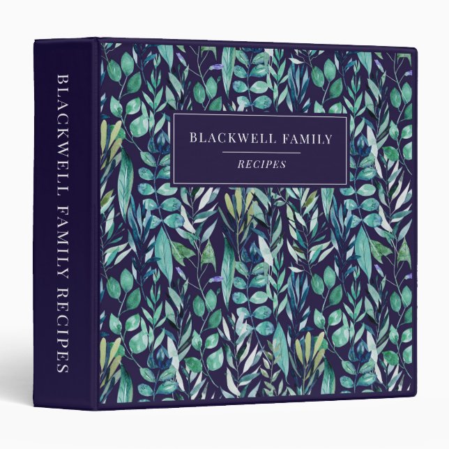 Watercolor Blue Green Leaves Botanical Recipe 3 Ring Binder (Front/Spine)