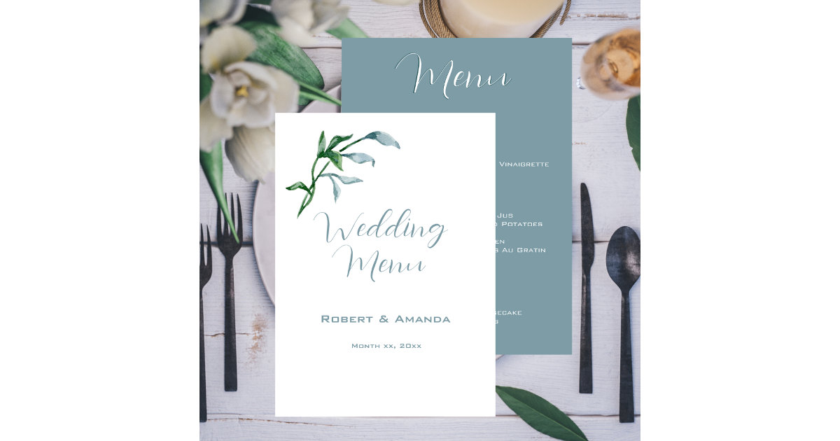 Watercolor Blue Green Leaves Wedding Menu | Zazzle