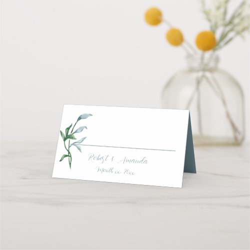 Watercolor Blue Green Leaves Wedding Place Card