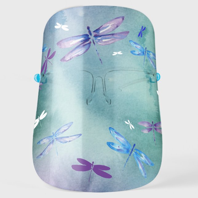 Watercolor Blue Green Purple Pattern Dragonfly Face Shield (Front)