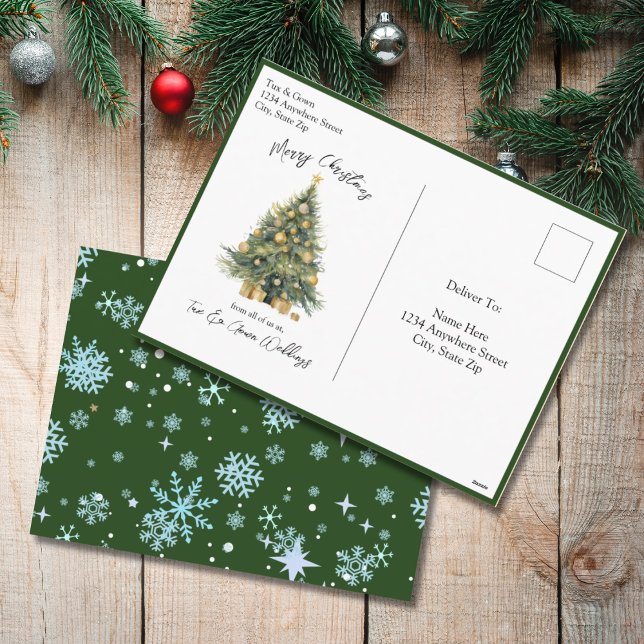 Watercolor Blue Green Script Non Photo Christmas Holiday Postcard (Watercolor Christmas Tree Holiday Postcard)