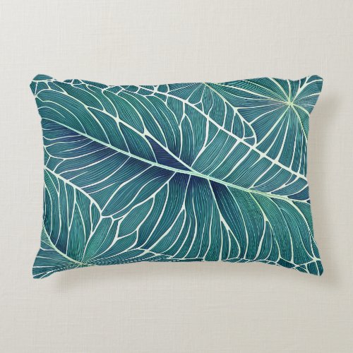 Watercolor Blue Green Teal Tropical Leaves Accent Pillow