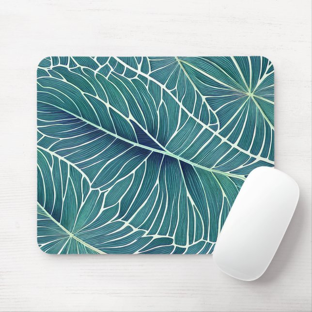 Watercolor Blue Green Teal Tropical Leaves Mouse Pad (With Mouse)