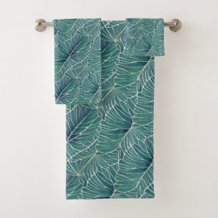 Watercolor Blue Green Teal Tropical Leaves Pattern Bath Towel Set