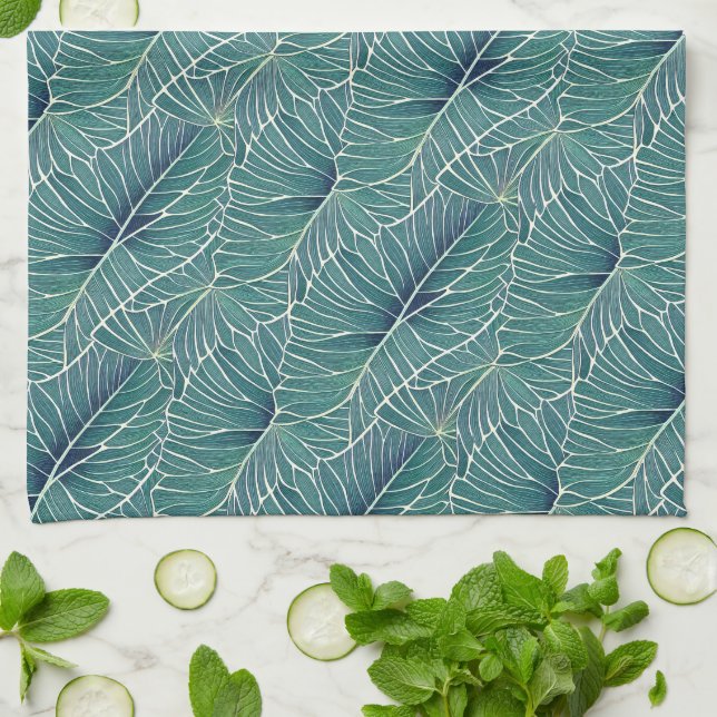 Watercolor Blue Green Teal Tropical Leaves Pattern Kitchen Towel (Folded)